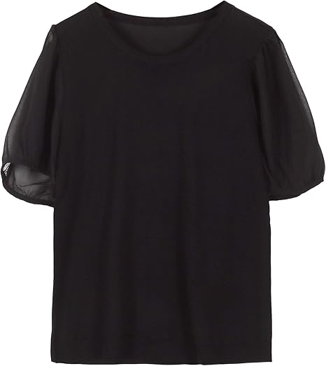 Amazon 神戸レタス 袖切替ニットトップス C43 レディース トップス パフスリーブ ぽわん袖 体型カバー シフォン 大人 夏 フリー ブラック セーター 通販