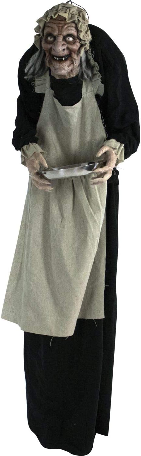Garden Sculptures & Statues - Haunted Hill Farm Life-Size Animatronic Scary Talking Zombie Maid with Touch Activated Lights and Sounds, Battery Operated Indoor or Covered Outdoor Halloween Decoration