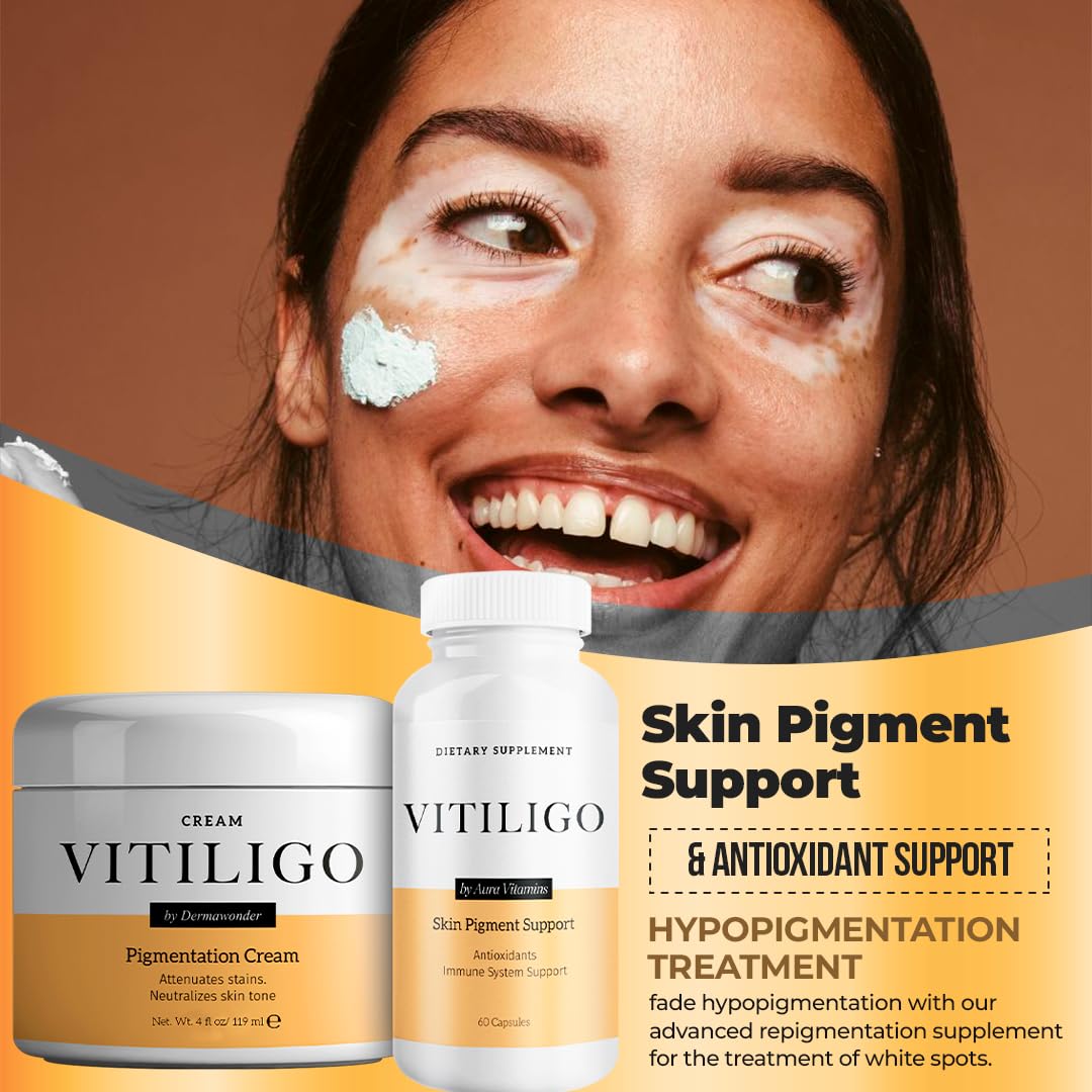 Dermawonder Vitiligo Supplement & Pigmentation Cream Set | 60 Vitiligo Capsules and 4fl Oz Cream | Reduce White Spots, Improve Skin Pigmentation & Neutralize Skin Tone | Natural Solution (1)