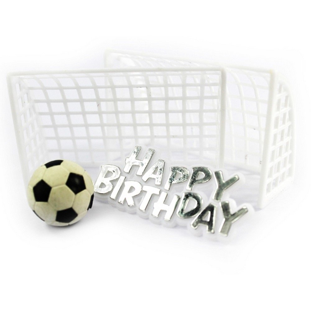 Anniversary House Football Cake Topper Set, Football Cake Decorations, Football Birthday Decorations, Cake Decorations for Men, Football, Goalposts & Silver Happy Birthday Motto, Pack of 4, BU191