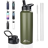 StarSpeed 40oz Insulated Water Bottle with Straws & 2 Lids, Stainless Steel Double Walled Vacuum Water Flask, Wide Mouth Sports Water Bottle for Gym Camping Hiking, Navy Green