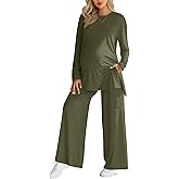 Sweetyweee Women's Maternity Lounge Sets 2 Piece Outfits Long Sleeve Side Slit Shirts Casual Wide Leg Pants with Pockets