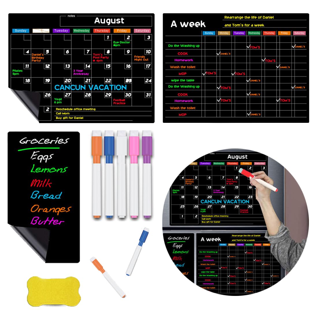 Koonafy Magnetic Dry Erase Menu Board for Fridge 16" x 12", Chalkboard Calendar Blackboard Monthly & Weekly & Grocery List Planner for Kitchen Refrigerators, 5 Liquid Chalk Markers & 1 Era (Fridge)