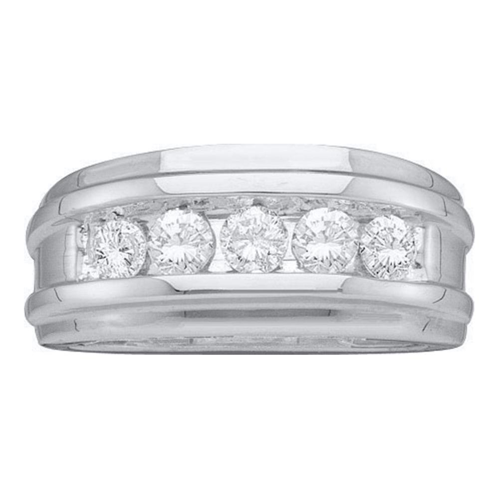 14k White Gold Large 5 Five Stone Classic Channel Set Round Cut Mens Diamond Wedding Ring Band 8mm (
