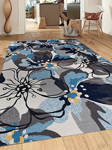 Modern Large Floral Non-Slip (Non-Skid) Area Rug 8 x 10 (7' 10" x 10') Gray-Blue