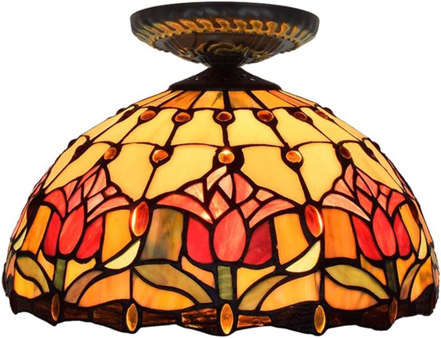 Tiffany Style Ceiling Lamp Lighting gem Pendant Design Vintage Pastoral 12-inch Stained Glass Pendant Lamp Uplighter Semi Flush Ceiling Light Living Room Light Hallway Lamp E27 40W