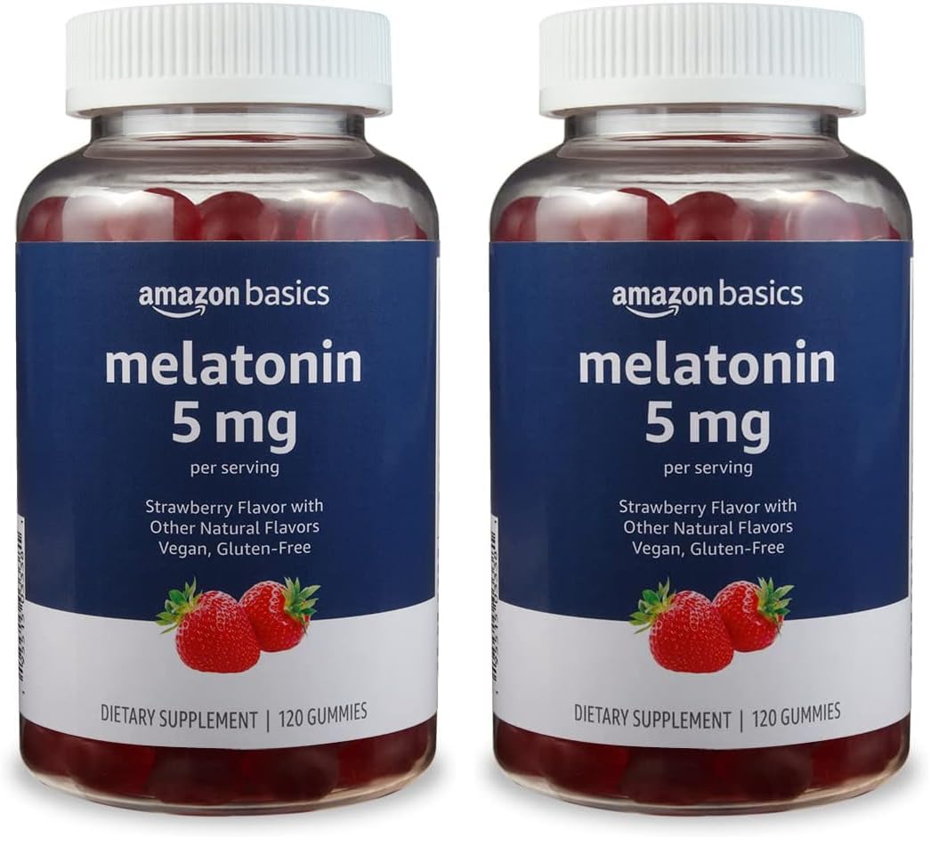 Amazon Basics Melatonin, Sleep Support Gummies, Strawberry Flavor, 5mg (Previously Solimo), 120 Count (Pack of 2)