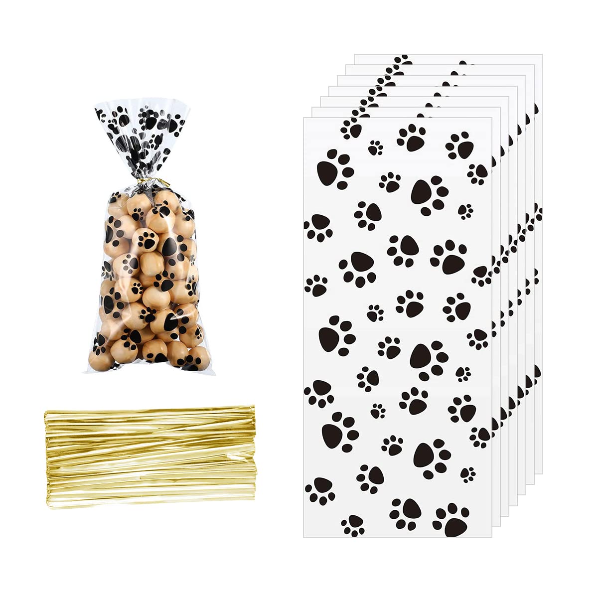 Jagowa 100 Pieces Puppy Dog Paw Print Treat Bags Cat Treat Bags Cone Cellophane Bags with 100 Golden Twist Ties for Pet Treat Party Favor