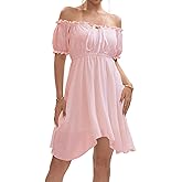 ZUNQKG Womens Off Shoulder Ruffle Puff Sleeve Tie Up Irregular Swiss Dot Mini Cottagecore Dress