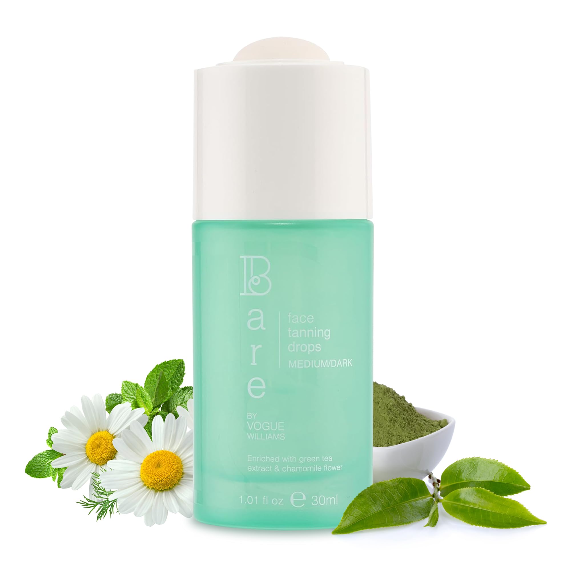 Bare By Vogue Face Tanning Drops - Medium/Dark, Customisable Sun-Kissed Glow - Infused with Green Tea, Chamomile, and Pomegranate Extract - For Smooth, Hydrating & Radiant Skin (30ml)