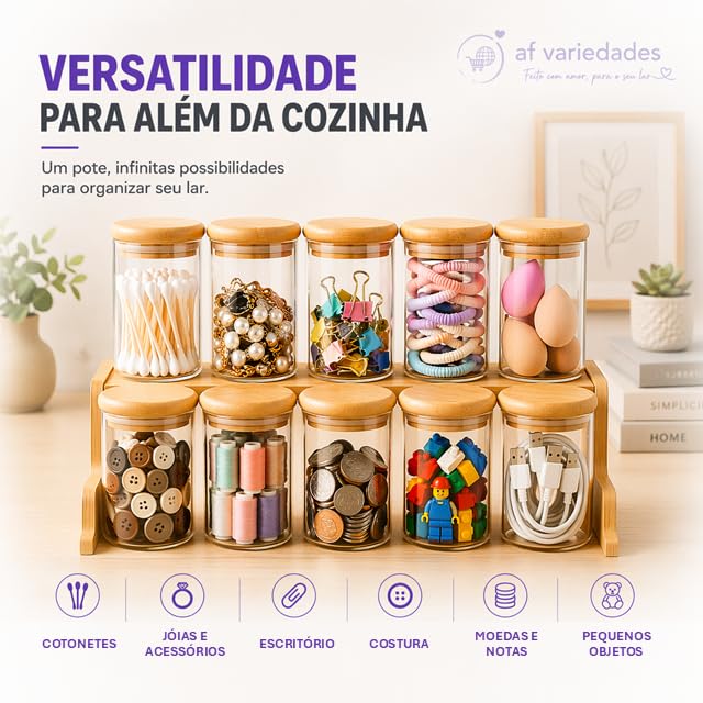 Kit 10 Potes Herméticos de Vidro 250 ml com Tampa de Bambu Redondo | Conjunto de Porta Mantimentos | Organizador de Cozinha com Vedação de Silicone para Temperos, Grãos, Café, Açúcar e Alimentos