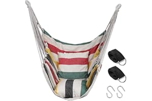 QUANFENG QF QF Hammock Chair Swing Hanging Hammock Chair - 2 Cushions Include - MAX 330lbs - Hammock Swing Seat Cotton for Patio, Porch, Bedroom, Backyard, Indoor or Outdoor (Ribbon/Beige)