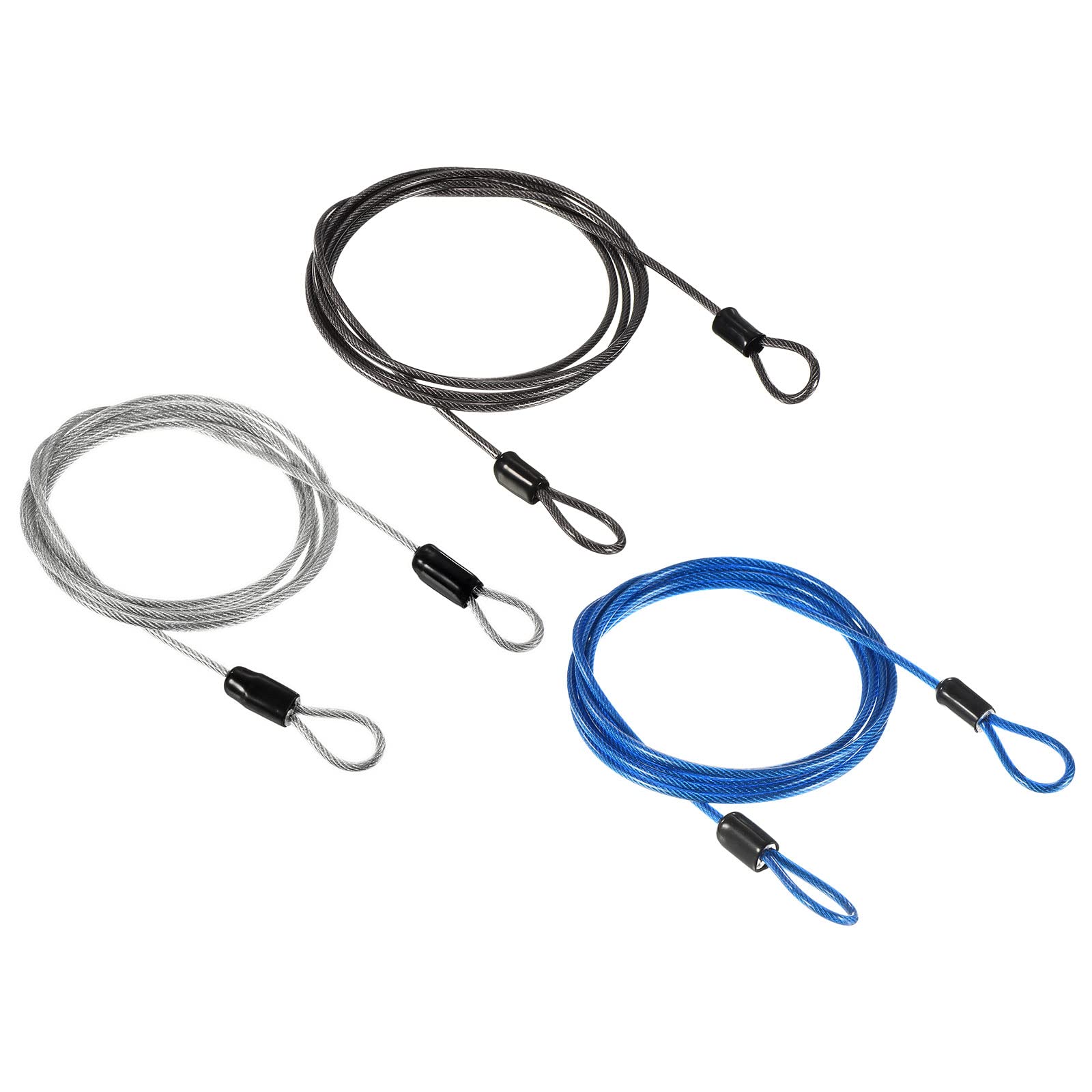 PATIKIL Security Steel Cable 2.5mm x 1.5m/4.92ft Coated Luggage Lock Wire Rope with Double Loop Transparent, Black, Blue 3 Pack