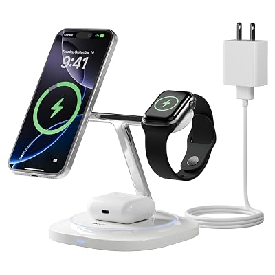 3 in 1 Magnetic Wireless Charger for Apple - Fast Charging Station Compatible with MagSafe for iPhone17-12, Apple Watch& AirPods, Phone and Watch Charger Stand for Desktop Bedside Nightstand (White)