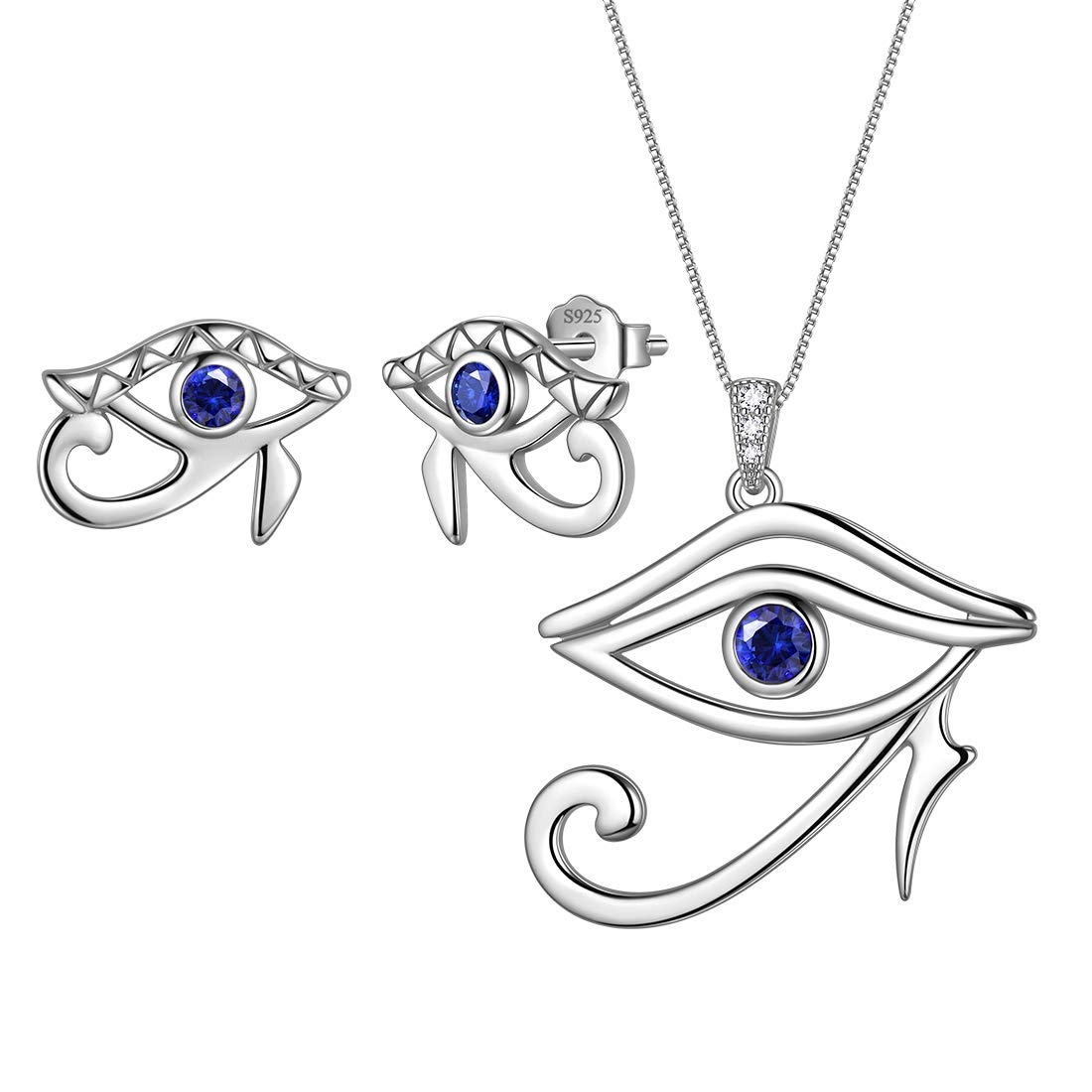 Aurora Tears Egyptian Eye of Horus Necklaces/Stud Earrings Set 925 Sterling Silver Evil Eye Jewelry Set Jewelry for Men and Women DS0081W