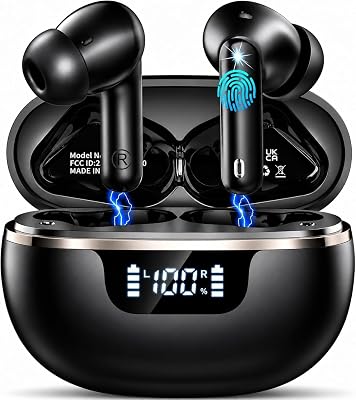 Auriculares Inalámbricos Bluetooth 5.4, Cascos Inalambricos Sonido HiFi Estéreo, Cancelación de Ruido ENC en Llamada, 48h Reproducción, IP7 Impermeable/Pantalla LED Digital/Carga Rápida USB Tipo-C