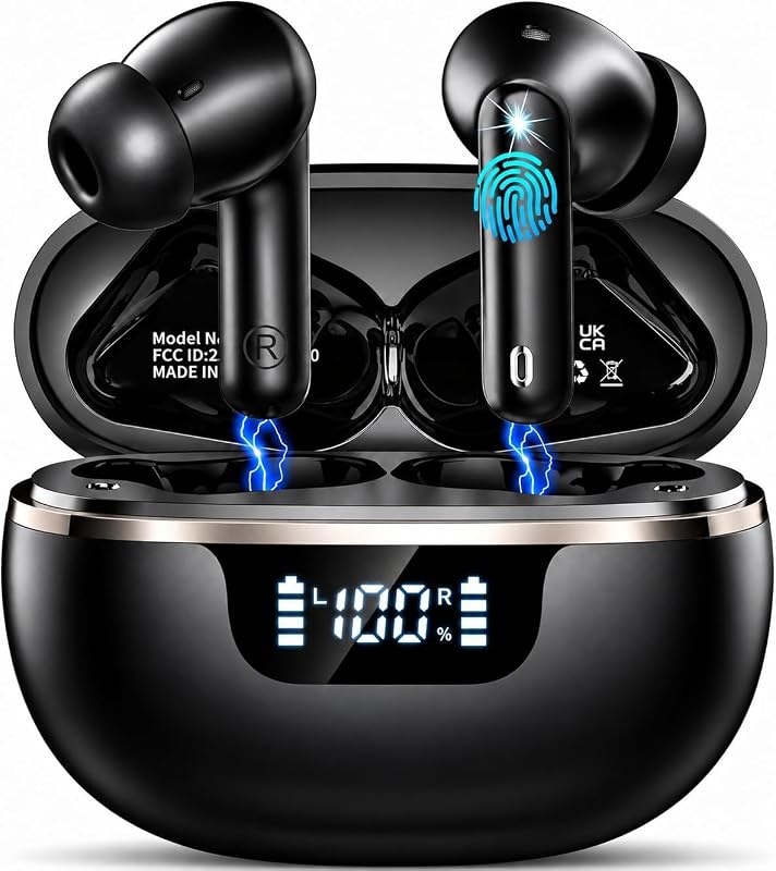 Auriculares Inalámbricos Bluetooth 5.4, Cascos Inalambricos Sonido HiFi Estéreo, Cancelación de Ruido ENC en Llamada, 48h Reproducción, IP7 Impermeable/Pantalla LED Digital/Carga Rápida USB Tipo-C — foto 1 de 7
