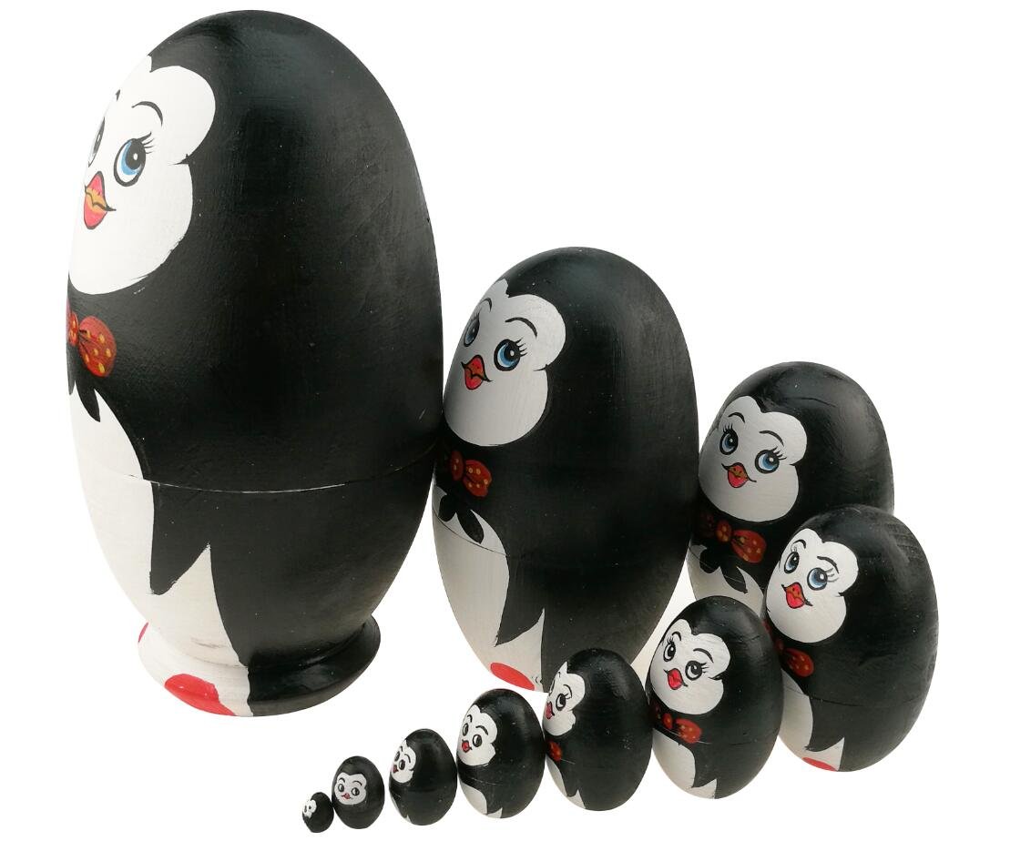Cute Animal Theme Penguin with Bowtie Egg Shape Wooden Handmade Nesting Dolls Matryoshka Dolls Set 10 Pieces for Kids Toy Birthday Home Kids Room Decoration