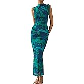PRETTYGARDEN Women's Summer Maxi Floral Dresses Ruched Bodycon Sleeveless Mesh Formal Wedding Guest Cocktail Split Long Dress