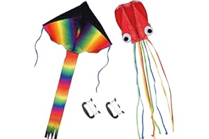 LISTENMAN 2 Pack Kites - Large Rainbow Kite and Red Mollusc Octopus with Long Colorful Tail for Children Outdoor Game,Activities,Beach Trip Great Gift to Kids Childhood Precious Memories