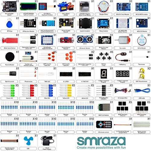 Smraza Complete Starter Kit for Arduino R3 Project with Tutorial, 9V 1A Power Supply Compatible with Arduino R3 Mega2560 Nano (40 Projects)