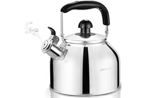 AMFOCUS Tea Kettle Stovetop, Whistling Tea Kettle Pots for Stove Top, 2.64 QT Food Grade Stainless Steel Teakettle Teapot with Cool Grip Folding Handle, Hot Water boiler for Tea, Milk, Coffee