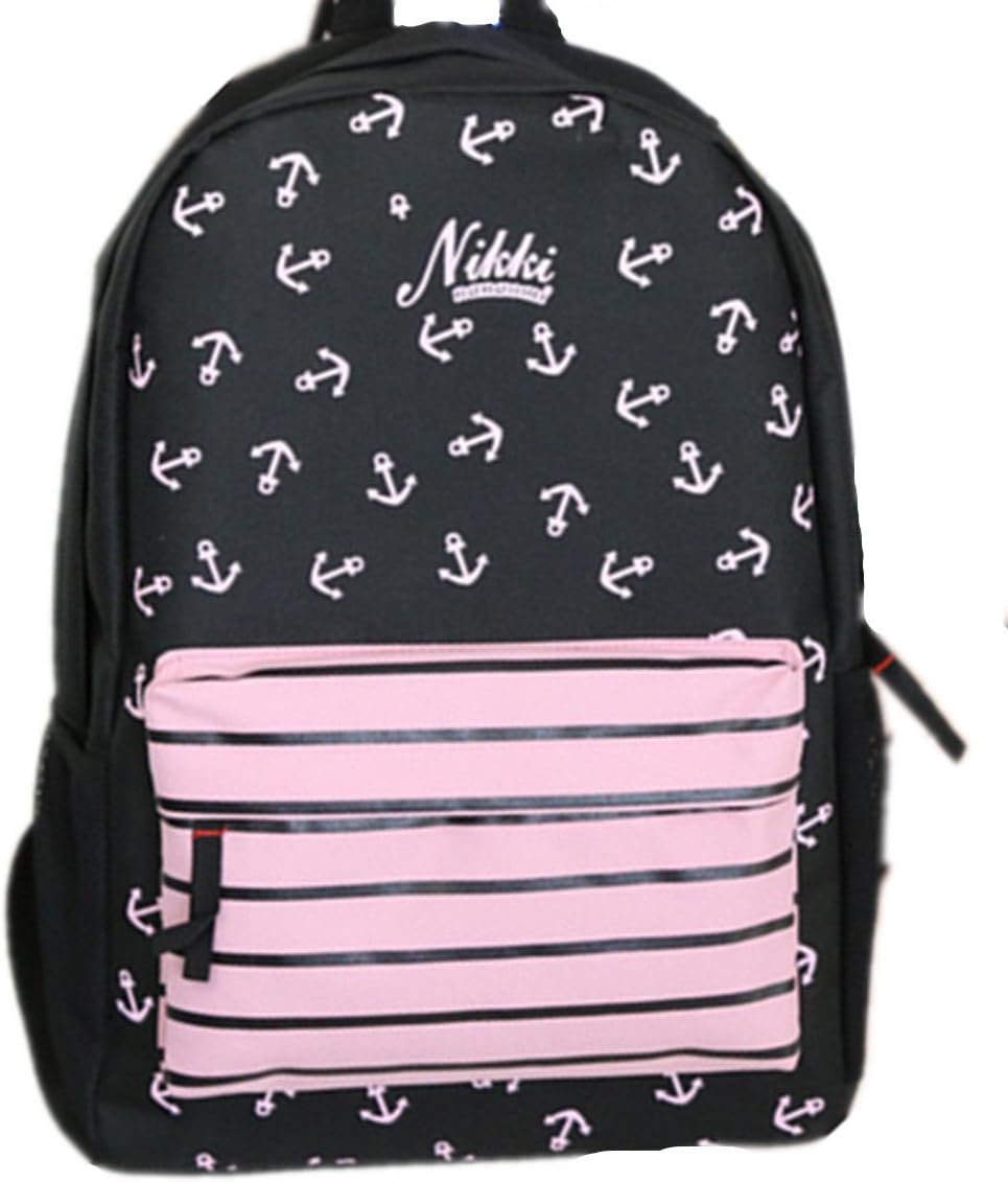 New Black Navy Style Cool Anchors & Pink Stripes Prints Front Pocket Funny Laptop Book Travel Hiking Backpack Fashion Men Women Girl Boy School Double Shoulder Bag