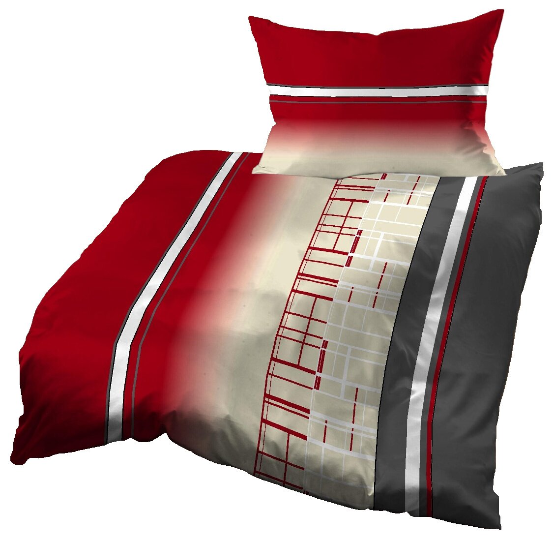 Gerald Wittmann Waffle Pique Duvet Cover Set, 100% Cotton, Single Bed, Stripes with Checks Red Beige/Cream Grey White, 140x200 cm + 70x90 cm
