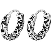 Rockyu Men's Silver Hoop Earrings Stainless Steel Hypoallergenic Chain Design Irregular Ring Hoop Earrings