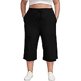 Trek Forte Plus Size Capris for Women Summer Wide Leg Casual Pants Loose Fit Cropped Workout Pants with Pockets Drawstring
