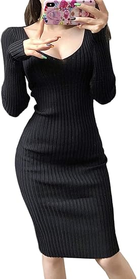 ｄｍｂｉｎｓｈｕｎ ワンピース レディース 秋冬 ニットワンピース タイト Vネック 胸元 セクシー 長袖 リブニットワンピース セーター 無地 きれいめ ワンピ 着痩せ フェミニン Freesize黒 ワンピース チュニック 通販 Amazon