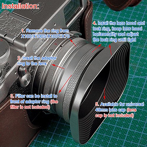 Haoge LHEW3 Square Metal Lens Hood Shade with 49mm Adapter Ring for