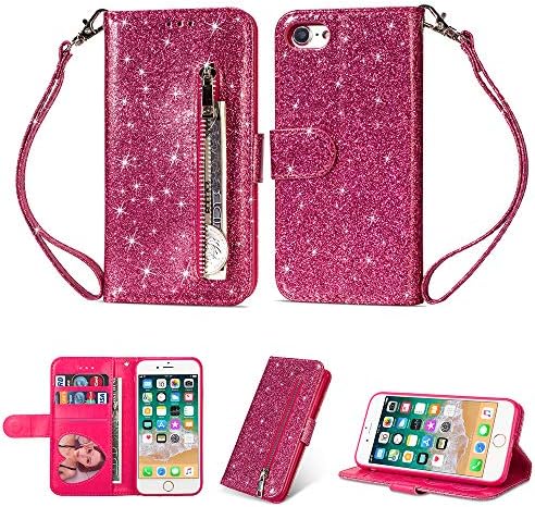 KANTAS iPhone 6S Plus/6 Plus Glitter Zipper Wallet Case, Bling Sparkle PU Leather Book Cover with Card Slots Kickstand Function Magnetic Closure Flip Case for iPhone 6S Plus/6 Plus (5.5"), Rose Red