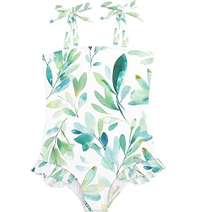 OTVEE Girl One-Piece Swimwear Watercolor Painting of Green Leaves Toddler Swimsuit Baby Girl Bathing Suits