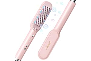 AIMIKE Professional Ceramic Ionic Hair Straightener Brush, Anti-Scald Hot Comb with Negative Ion for Smoothing Frizz Hair, Fast Heating Hair Straightening Brush for Home Salon, S10 Pink