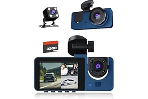 LENSUGE 3 Channel Dash Cam, Dash Cam Front and Rear Inside, Dash Camera for Cars, Triple Car Camera with 32GB Card -(Dark Blue)