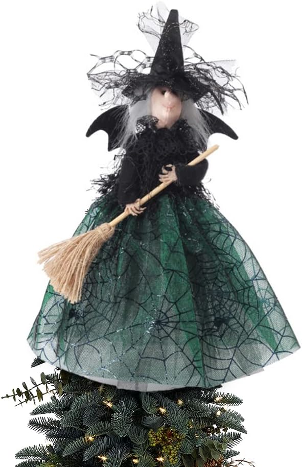 Tree Toppers - Halloween Witch Tree Topper Decoration, Crashing Witch into Tree Halloween Decoration, Black Witch with Spider Web Dress, Bat Wings, Witch Hat and Witch Broom Halloween Ornament for Home Decor 11Inch