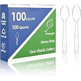 100 Count Heavy Duty Disposable Clear Plastic Spoons | BPA-Free,Heat Resistant,Crack Resistant,Bulk Plastic Cutlery,Plastic Utensils for Parties,Weddings,Events and Restaurant Use
