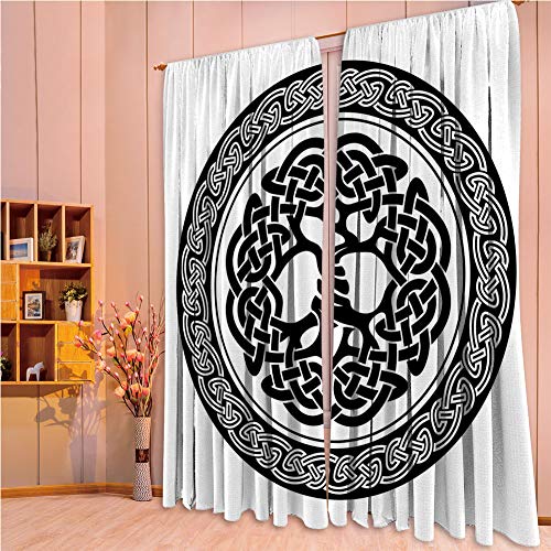 franlinkcossosoph Polyester Window Drapes Kitchen Curtains,Celtic Decor,Native Celtic Tree of Life Figure Ireland Early Renaissance Artsy Modern Design,Black White,84.3" Hx 95.3