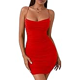 KUTUMAI Women's Ruched Bodycon Mini Dress Summer Spaghetti Strap Party Club Dresses