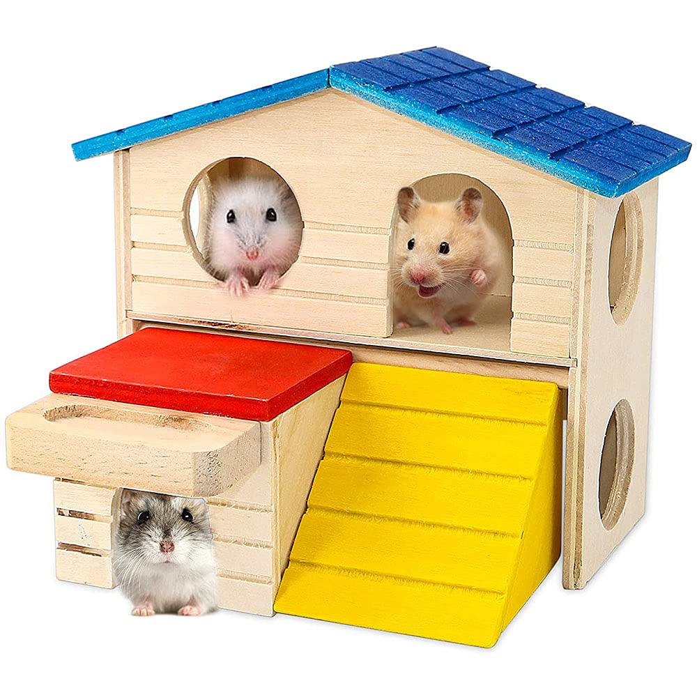 ANCLLO Pet Small Animal Hideout Hamster House Deluxe Two Layers Wooden Hut Play Chews