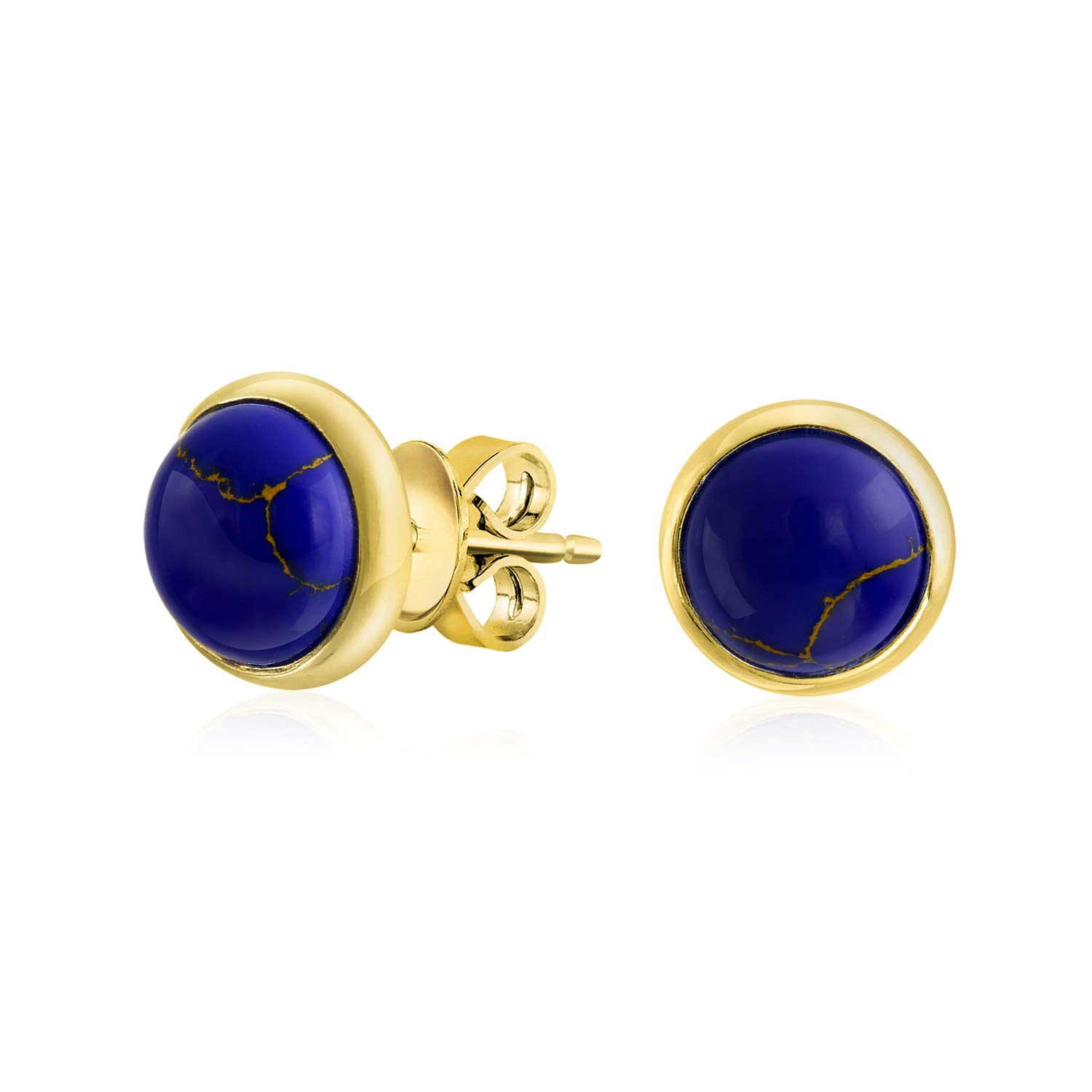 Simple Blue Synthetic Blue Lapis Lazuli Bezel Set Round Dome Button Stud Earrings For Women Gold Plated .925 Sterling Silver