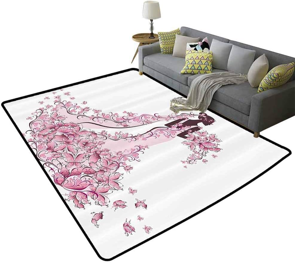 Wedding Decorations Kitchen Area Rugs Flowers Hearts Butterflies on Wedding Dress Bridal Gown Children's Play mat Light Pink Maroon White, 5'x 7'(150x210cm)