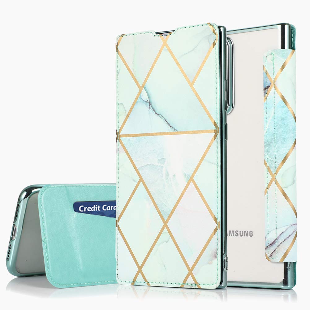 SUMOON Galaxy Note 20 Ultra Case for Women/Men,Leather Flip Marble Personalised Case Clear with Card Holder,Front and Back Protective Samsung Note 20 Ultra 5G Wallet Case Slim Cover Mint Green