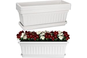 HOXHA Window Box Planter, Plastic Vegetable Flower Planter Boxes with Tray, Rectangular Indoor and Outdoor Flower Pots for Wi