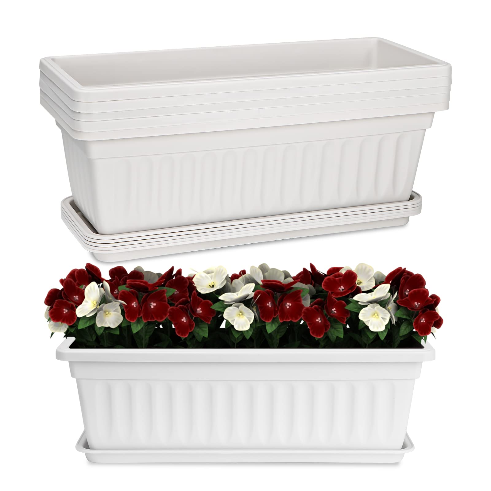 Photo 1 of HOXHA Window Box Planter, Plastic Vegetable Flower Planter Boxes with Tray, Rectangular Indoor and Outdoor Flower Pots for Windowsill, Patio, Porch, Garden Balcony (White 6 Pack)