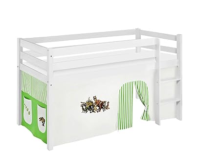 Lilokids Spielbett Jelle Dinos, Hochbett mit Vorhang Kinderbett Holz grün/beige 208 x 98 x 113 cm