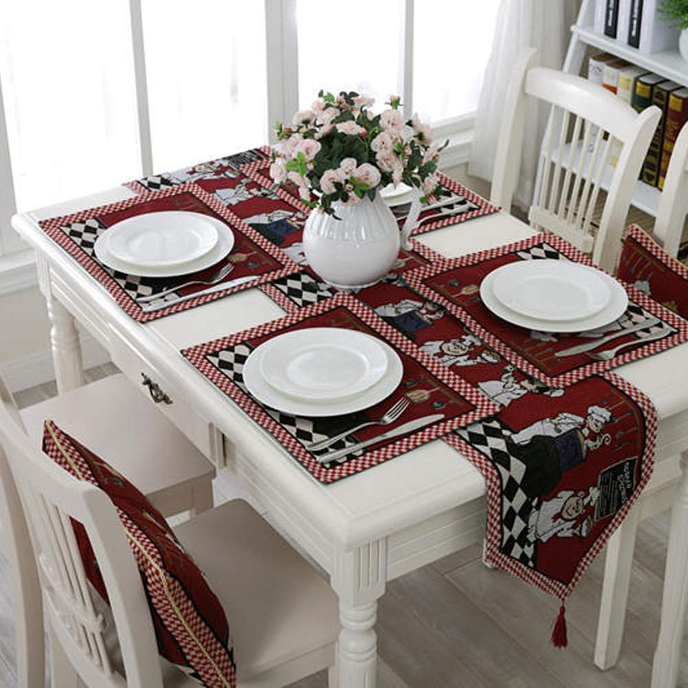 Cheerful Fat Chef Table Runner and Placemat Set - Rustic Style Jacquard Cotton Linen 1PC Table Runner and 4PCs Placemats Value Pack for Indoor&Outdoor Events, Red: Home & Kitchen