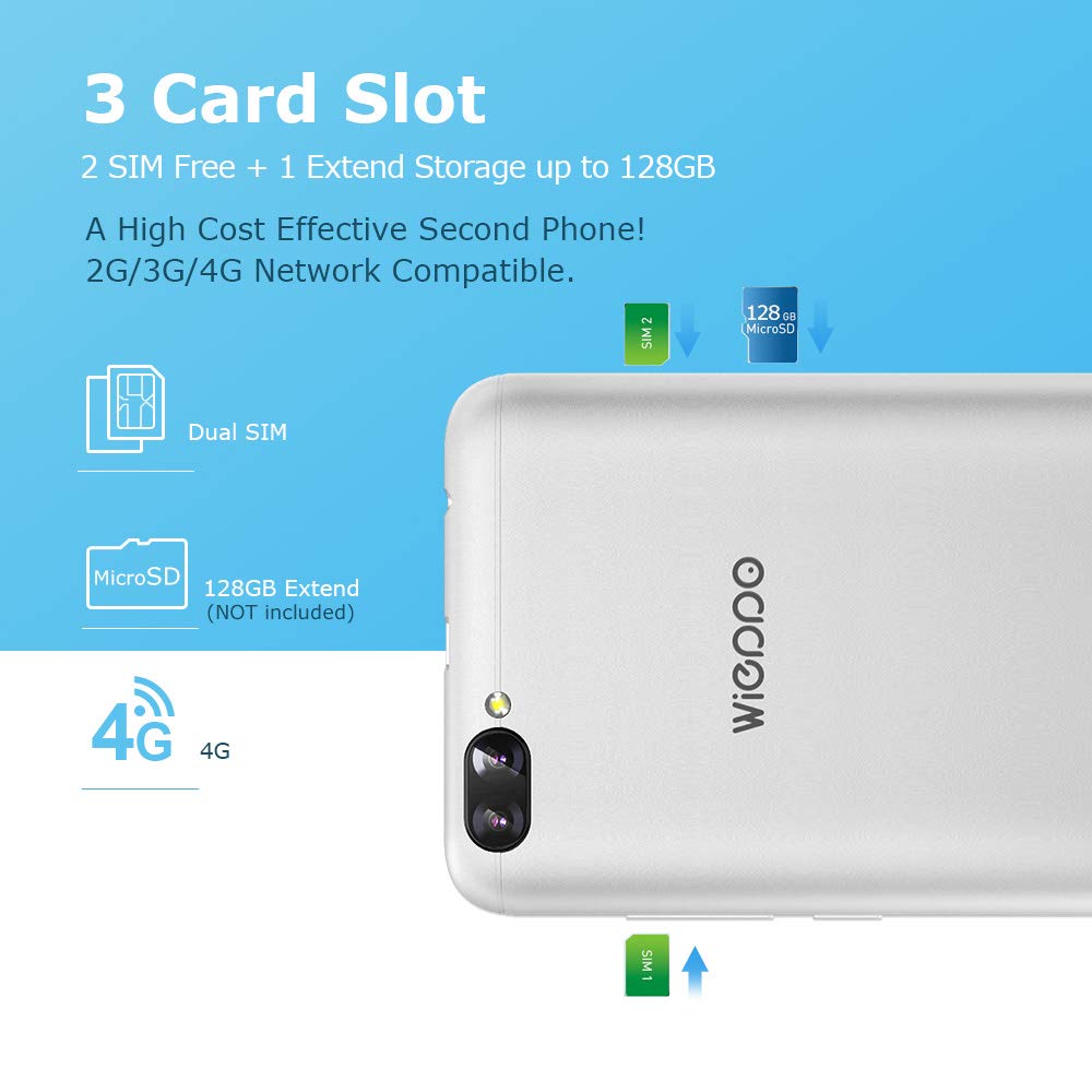 Smartphone Libre 4G, Wieppo S6 Teléfono móvil Dual SIM con Pantalla DE 5.5 Pulgadas HD 1280 * 720, Doble Cámara 8MP+5MP, 2GB RAM 16GB ROM, Android 7.0, Batería de 2970mAh(Plata)