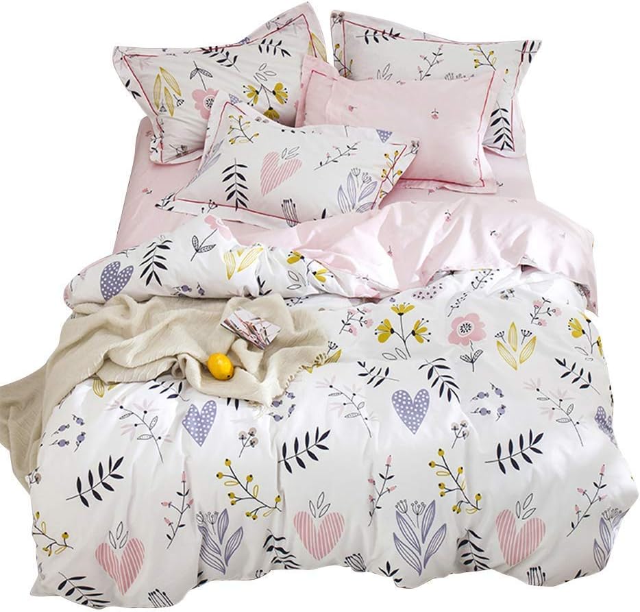 BuLuTu 4 Pieces Floral Love Print Full Girls Duvet Cover with Fitted Sheet,Reversible Blossom Kawaii Colorful Bedroom Comforter Cover Queen Bedding Sets Cotton White Pink,No Comforter